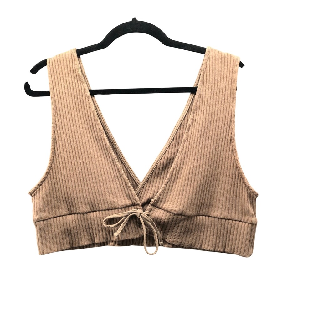 GU(Uniqlo)‎ Ribbed Surplice Crop Top Womens XL Tan Bralette Lace Up Knit